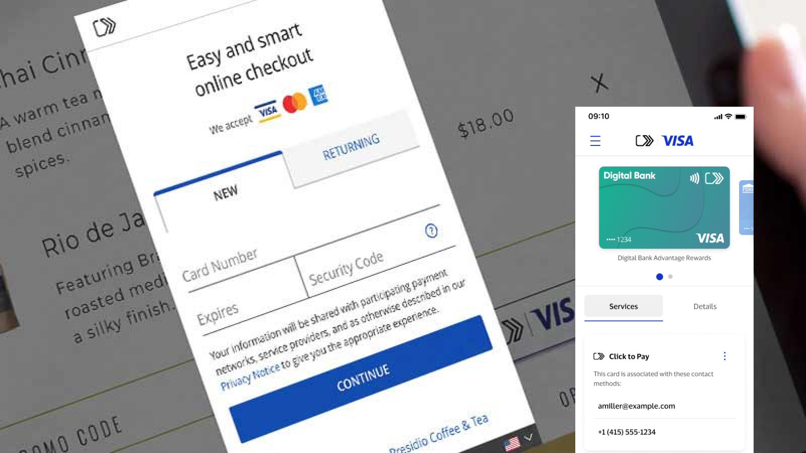 Images of the Click to Pay login screen and Consumer Portal