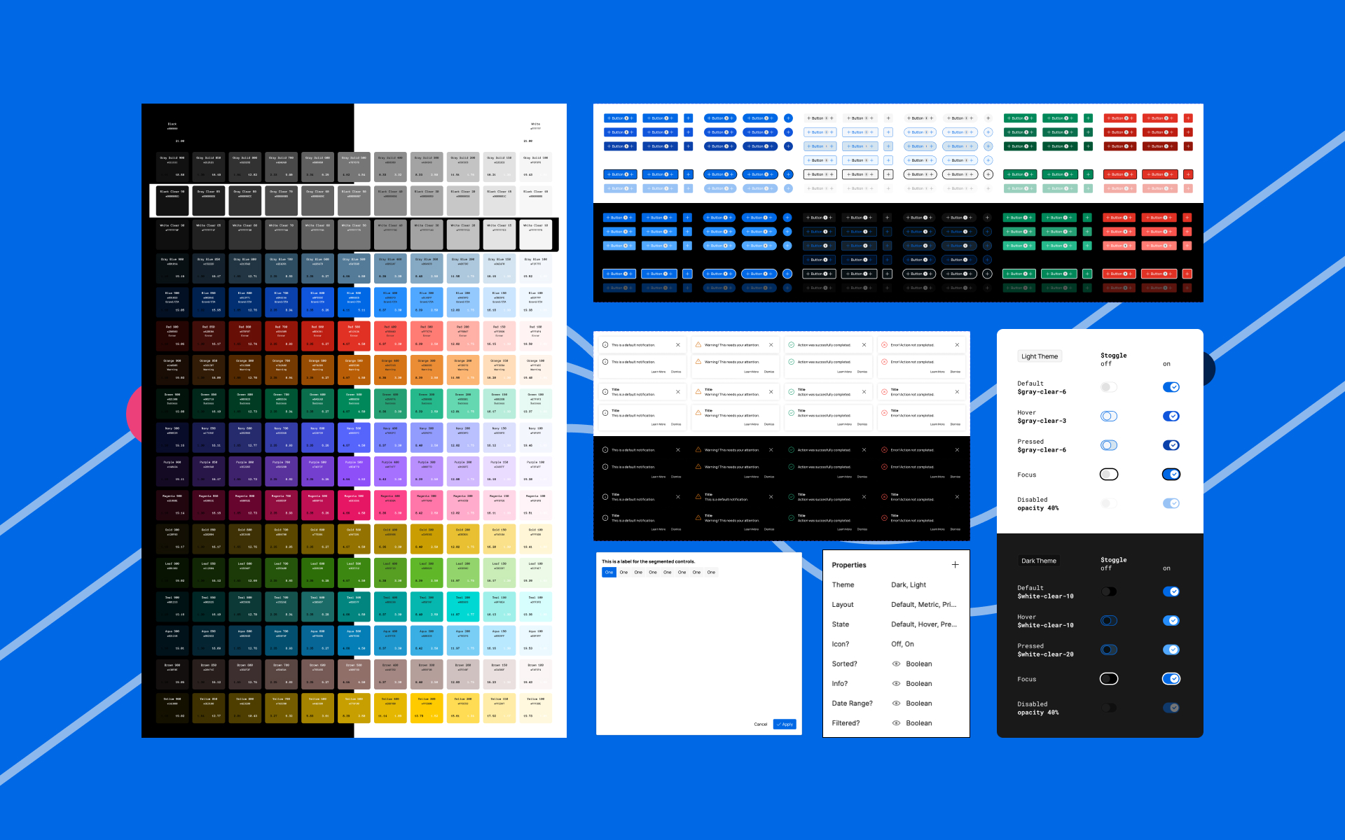 Example components from the Revenue Design System atop a light blue background with lines and circles