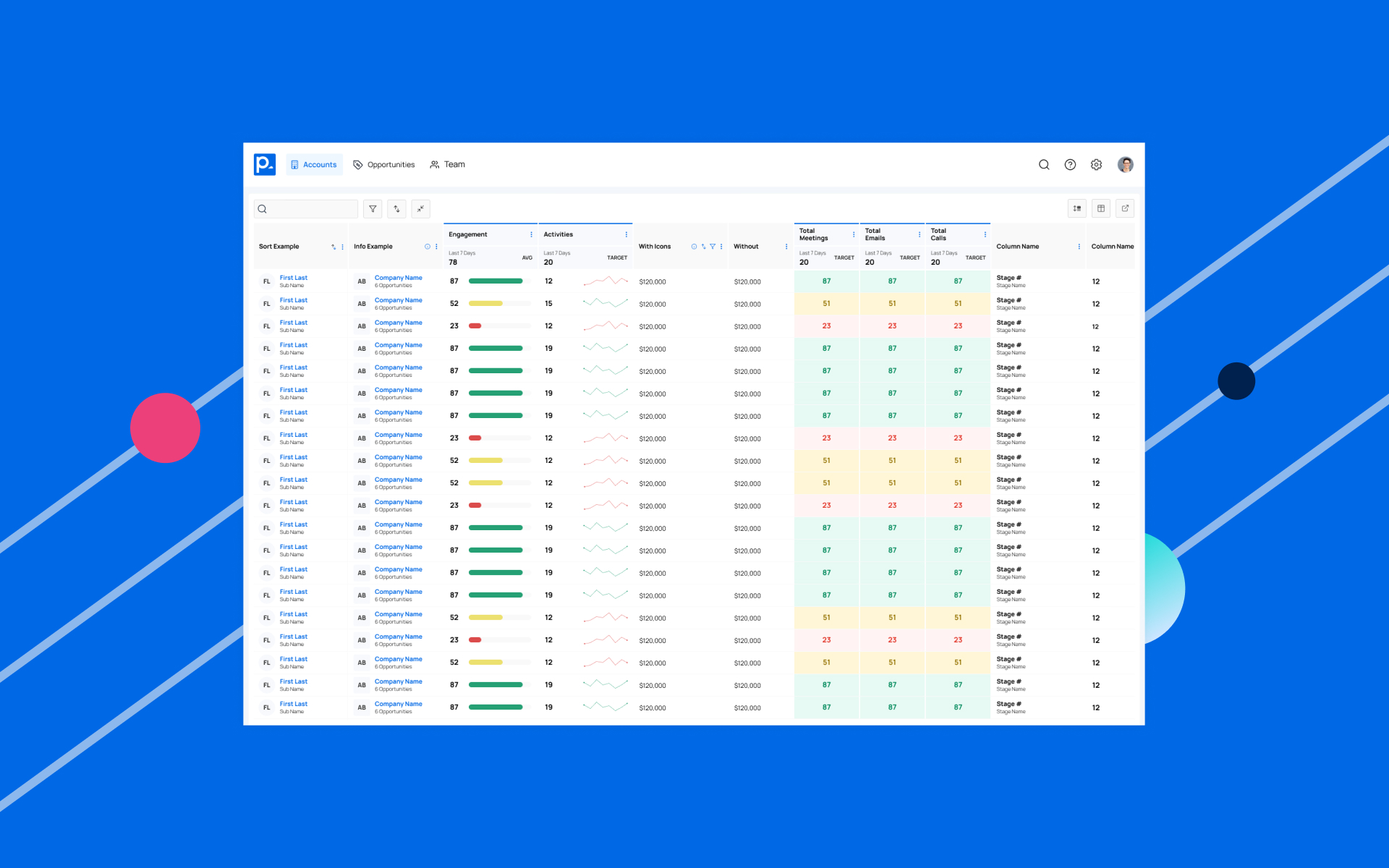 Mockup of an Engagement Dashboard atop a light blue background with lines and circles